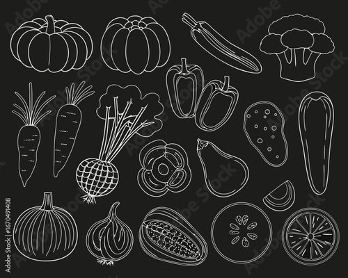 Collection of hand drawn vegetables and fruits on a black background