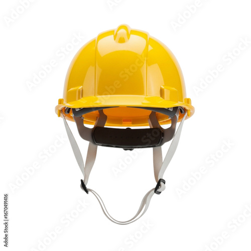 Bright yellow safety construction hard hat with chin strap for protection on transparent background