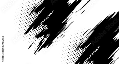 Dynamic black paint strokes overlayed with a halftone dot pattern create an energetic and textured abstract design on a clean white backdrop, generating a striking visual impact