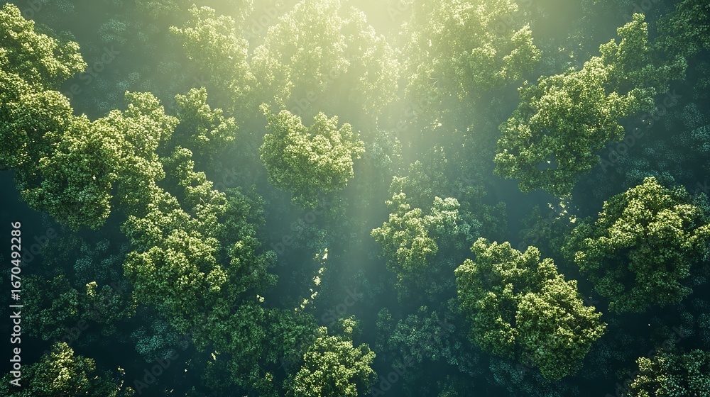 Obraz premium Aerial view of a dense forest with sunlight streaming through the trees creating a mystical atmosphere