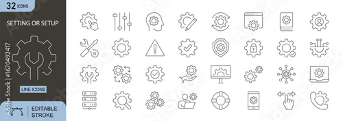 Setting or Setup icons set. Includes icons for gear, wrench, configuration, system, tool, adjust, and preference. Editable stroke. Line icons. Perfect for infographics.