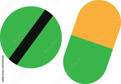 Two medical pills one round green one capsule yellow and green simple design white background