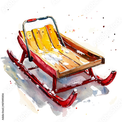 Sled On Snowy Hill, watercolor drawing vector, isolated on a white background.