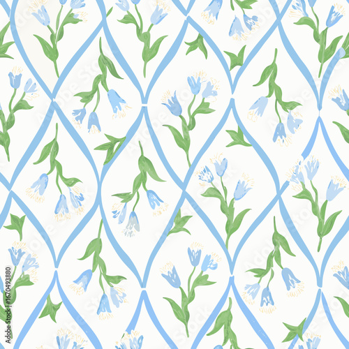 Seamless pattern of bluebell flowers with a trellis design