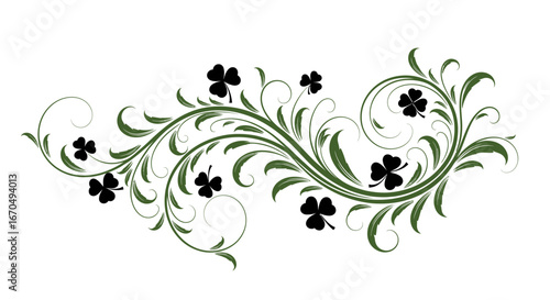 Elegant green and black floral scroll design with shamrock clovers and swirling leaves on an isolated white background, perfect for decorative themes.