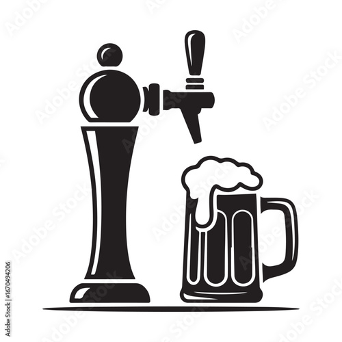 Beer tap with full mug with foam solid icon, Oktoberfest concept, pub equipment. Vector black silhouette. with white background