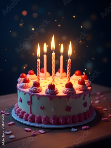 Whimsical Cartoon-Style Birthday Cake with Colorful Candles and Decorative Toppings for Celebration Fun