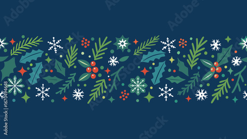 Festive christmas border with holly berries snowflakes and pine branches