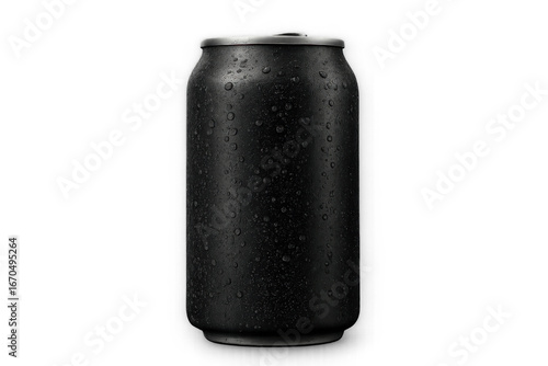 Refreshing black aluminum can with condensation droplets on transparent background