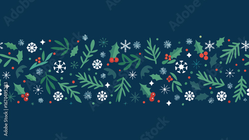 Festive christmas border with holly snowflakes and evergreen branches on dark blue background