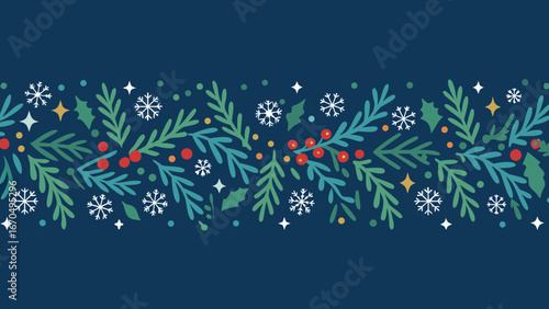 Festive horizontal border with green foliage red berries snowflakes and stars on navy blue background