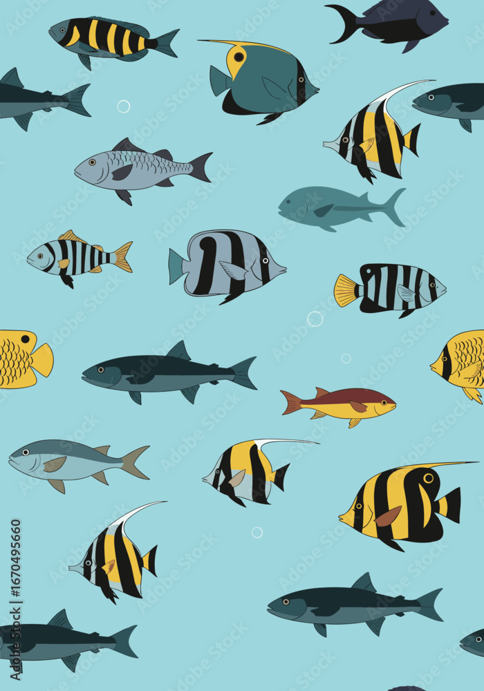 Naklejka premium Vibrant collection of tropical fish swimming in blue ocean waters for ocean themed design elements