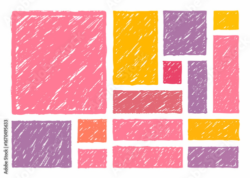 Colorful hand drawn crayon rectangles and squares arranged in a pattern