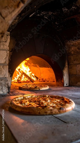 Pizza baking in a wood-fired oven (1)