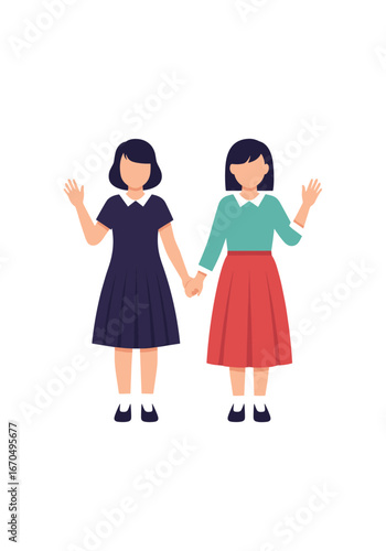 Two cheerful girls holding hands and waving hello represent friendship and unity in a simple vector design