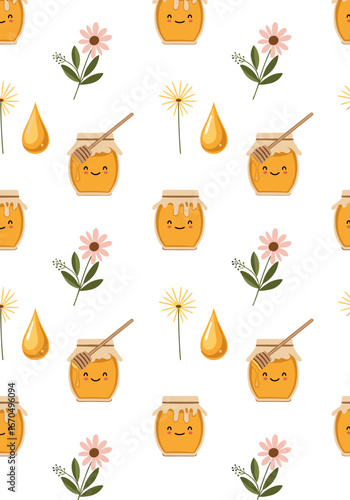 Sweet happy honey jars and floral elements seamless pattern for kids