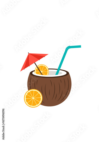 Refreshing coconut drink with orange slice and umbrella, perfect for tropical getaways and summer vibes