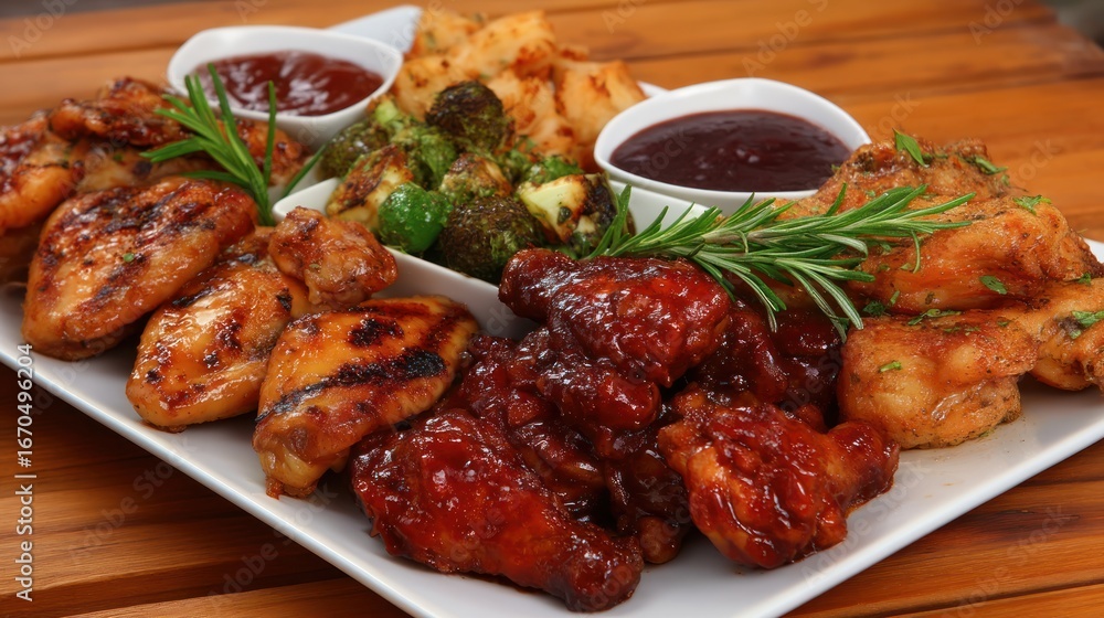 Fototapeta premium A vibrant BBQ platter featuring a variety of chicken dishes, including wings and thighs.