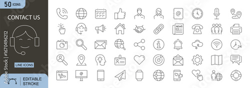Contact Us icons set. Includes icons for phone, email, address, location, chat, support, customer service, and communication tools. Editable stroke. Line icons. Perfect for infographics.