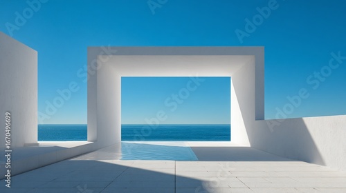 Minimalist, bright, architectural open frame overlooks calm sea under cloudless sky