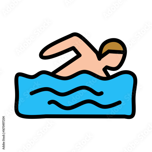 Simple Outline Cartoon Style Swimmer in Water Body Illustration Element