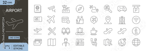 Airport icons set. Includes icons for airplane, boarding, luggage, runway, gate, security, passport, ticket, departure, and arrival. Editable stroke. Line icons. Perfect for infographics.