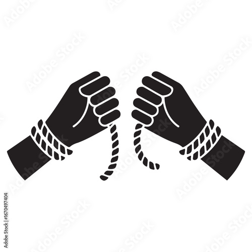 Hands tore the rope solid icon, life without addiction concept, anti drug, alcohol, smoking sign, stop bad habits icon. Vector black silhouette. with white background