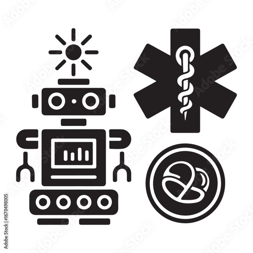 Medical robot and star of life solid icon, Innovative medicine concept, Robotic surgical tool sign. Vector black silhouette. with white background