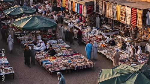 Vibrant outdoor market scene with textiles, trinkets, and traditionally dressed people