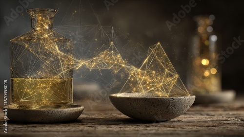Alchemical still life with golden atoms extracted by glowing geometric energy fields, symbolic abstract concept of transformation and mystical science