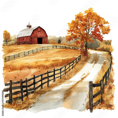 Rustic Barn Fall Landscape, watercolor illustration vector, isolated on a white background.