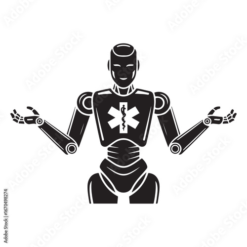 Medical robot and star of life solid icon, Innovative medicine concept, Robotic surgical tool sign. Vector black silhouette. with white background