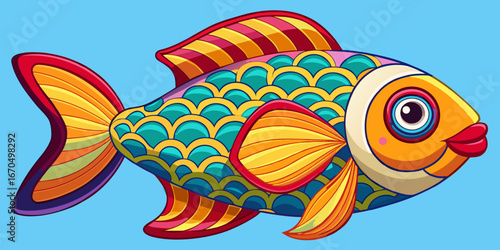 Vibrant tropical fish swim in a colorful underwater floral pattern with bright sun rays and a decorative bird