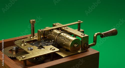 Vintage brass music box mechanism with wooden base and green backdrop, intricate detail