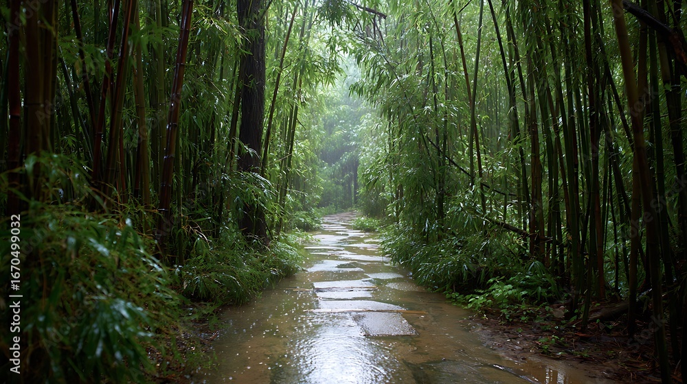 Obraz premium Pathway through the bamboo forest: A winding pathway meanders through a serene bamboo forest, its lush green stalks creating a tranquil atmosphere. The path is wet and reflecting light.