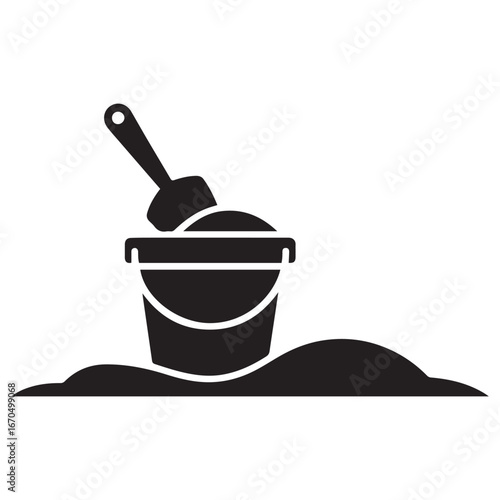 Spatula and bucket with sand solid icon, kid toys concept, Toys for sandbox sign. Vector black silhouette. with white background