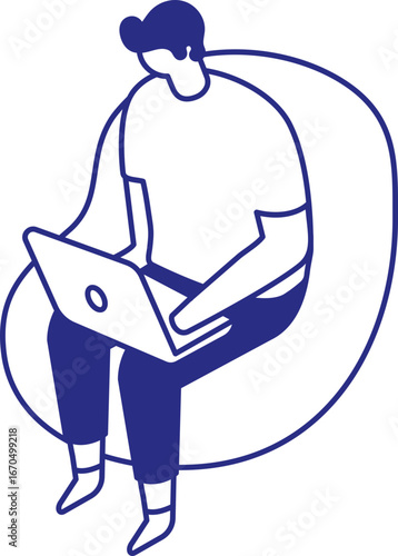 Flat isometric vector of man sitting with laptop in chair. Remote work, freelance lifestyle, digital job and modern technology workplace concept.