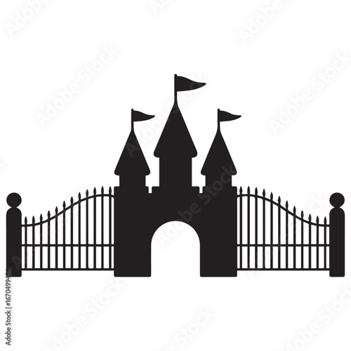 Gate to amusement park solid icon, The rides concept, Castle silhouette sign Amusement park entrance icon. Vector black silhouette. with white background