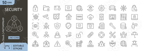 Security icons set. Includes icons for lock, password, shield, antivirus, key, safe, fingerprint, camera, and firewall. Editable stroke. Line icons. Perfect for infographics.