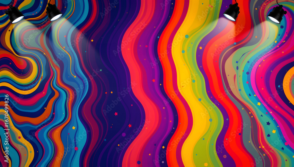 Obraz premium Retro groovy colorful wavy pattern background, subject right, copy space left, under floodlights.