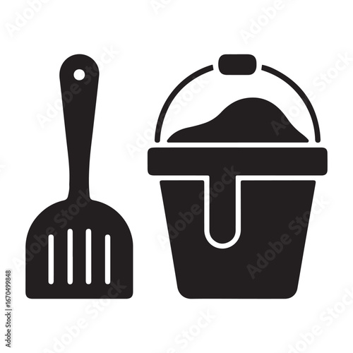 Spatula and bucket with sand solid icon, kid toys concept, Toys for sandbox sign. Vector black silhouette. with white background