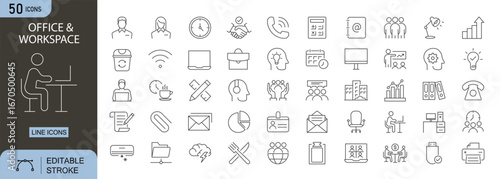 Office and Workspace icons set. Includes icons for desk, chair, computer, file, teamwork, co working, printer, stationery, and meeting. Editable stroke. Line icons. Perfect for infographics.