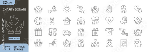 Charity and Donation icons set. Includes hand, heart, giving, fund, box, care, support, volunteer, help, and social aid. Editable stroke icons. Ideal for NGOs, campaigns, and fundraising designs.