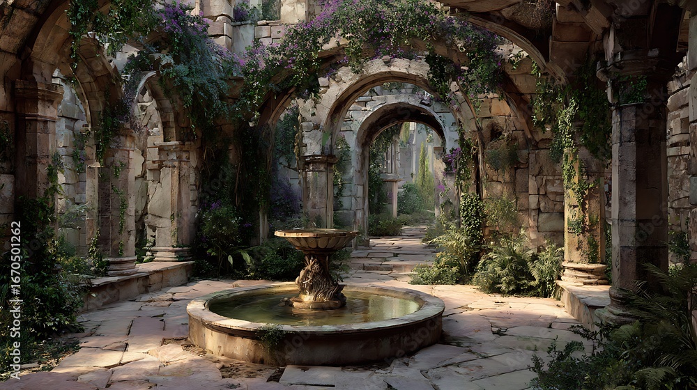 Fototapeta premium Ancient Courtyard Oasis: A serene architectural masterpiece of weathered stone, arches, and cascading vegetation, centered around a tranquil fountain, offers a moment of calm.
