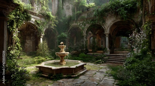 Forgotten Courtyard: An enchanting view of a forgotten courtyard, where nature reclaims an abandoned building, enveloping the scene in a cloak of time.
