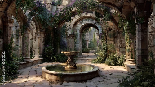 Ancient Courtyard Oasis: A serene architectural masterpiece of weathered stone, arches, and cascading vegetation, centered around a tranquil fountain, offers a moment of calm.