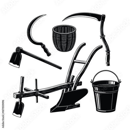 Vintage farming tools collection illustrating rural life with oldfashioned equipment for agriculture and harvesting in monochrome style