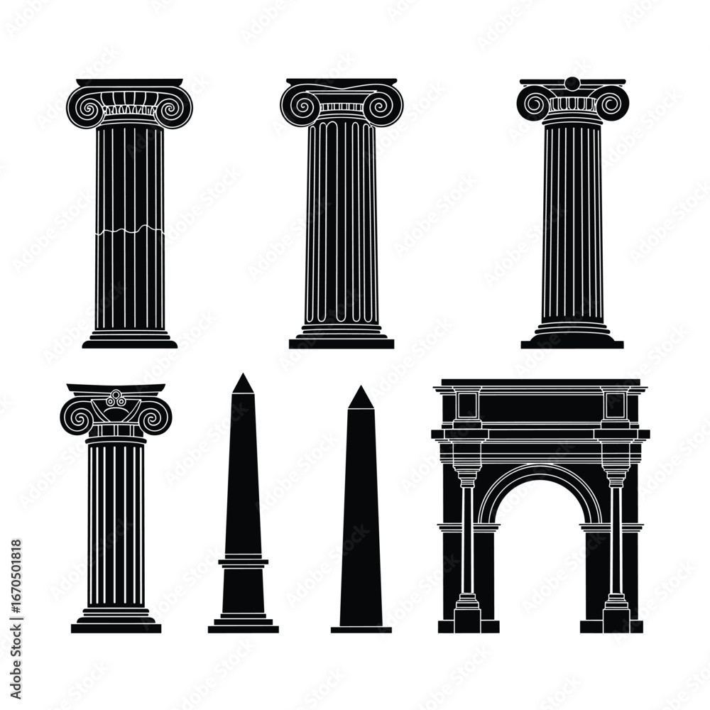 Obraz premium Architectural Silhouette Collection Featuring Classical Columns Obelisks and a Majestic Archway Celebrating Art History and Architectural Heritage
