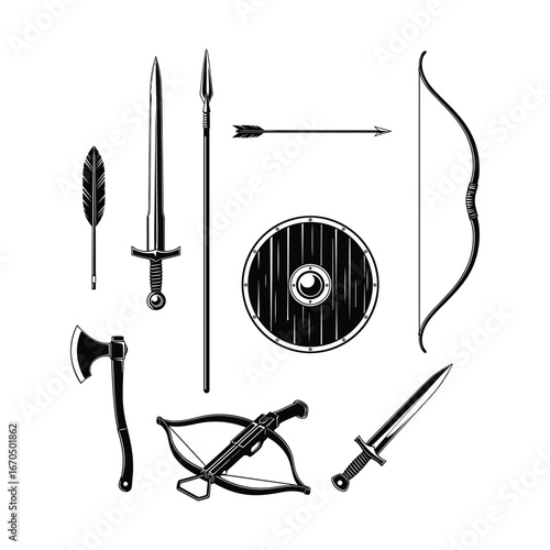 Collection of medieval weaponry in black and white design for historical illustration or game asset creation showcasing ancient battle tools and defense equipment