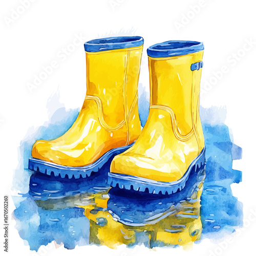 watercolor vector of Rain Boots Spring Puddles, isolated on a white background.